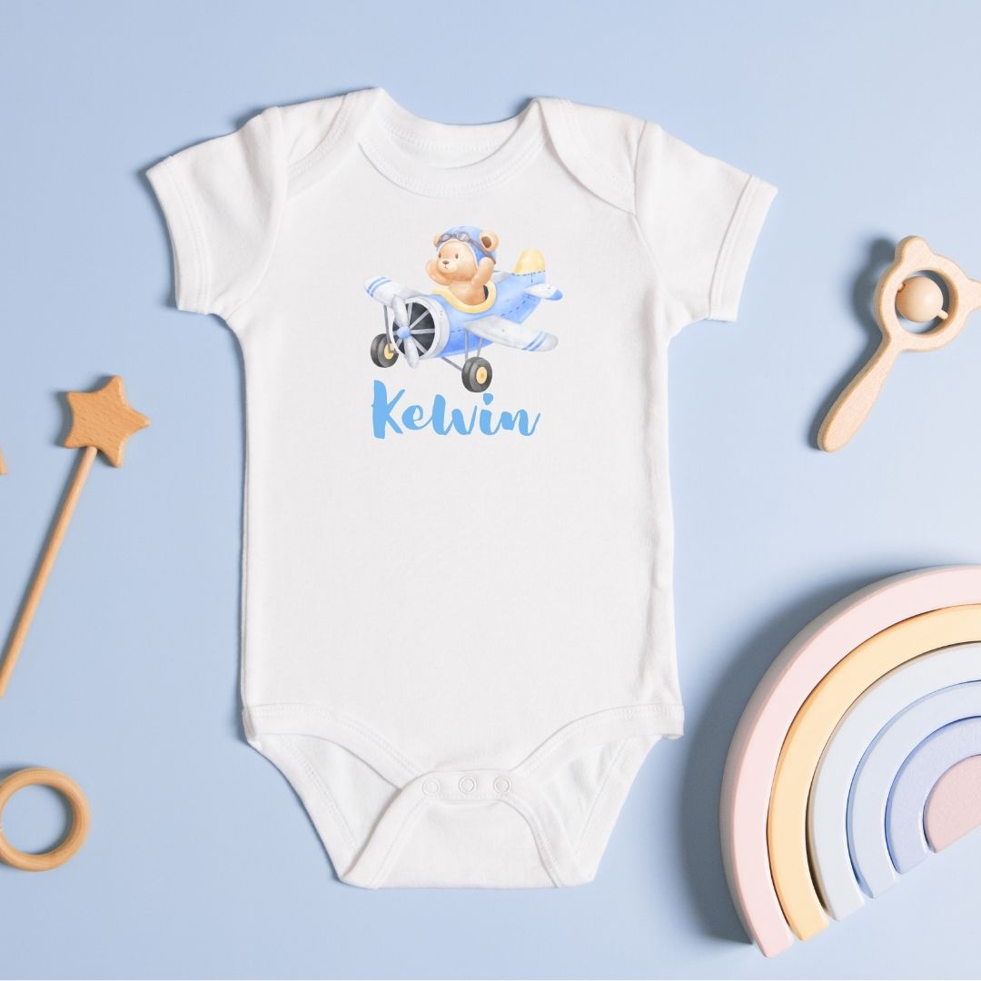 Baby Short Sleeve white romper (Pilot Bear)